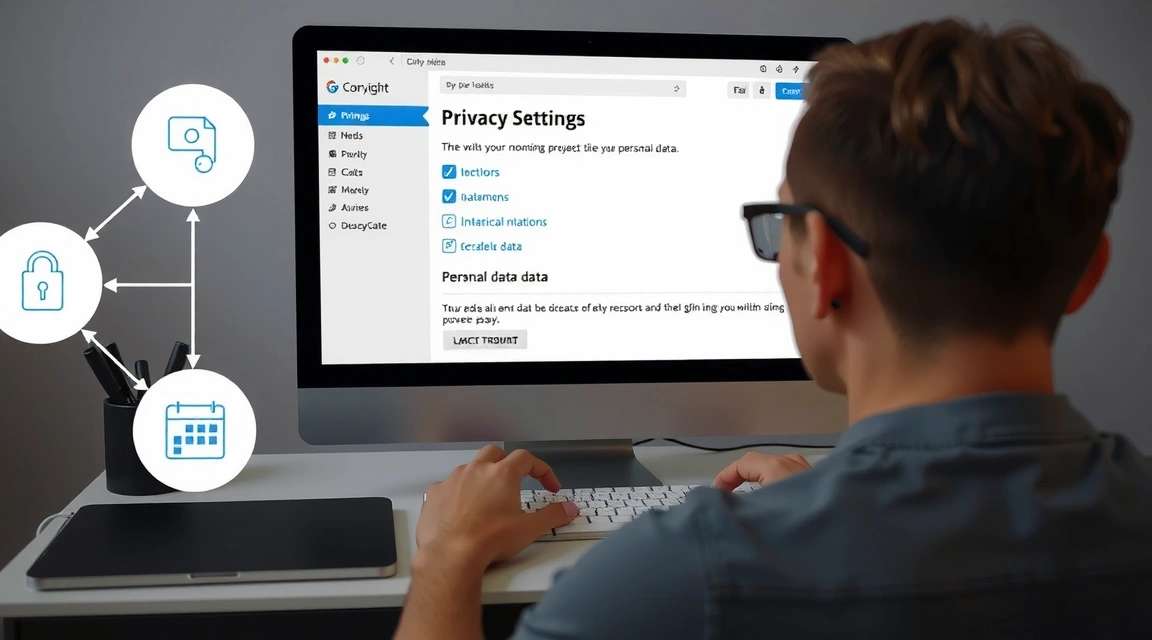 Eine Person überprüft persönliche Daten auf einem Bildschirm mit Datenschutzsymbolen