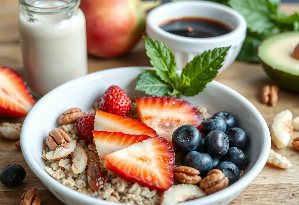 Ein schön angerichtetes, gesundes Frühstück mit Haferflocken, Früchten und Nüssen.